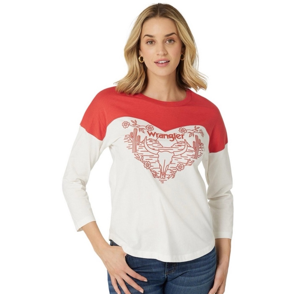 Wrangler Logo Drop Shoulder 3/4 Long Sleeve Tee Desert Scene Western Skull Red